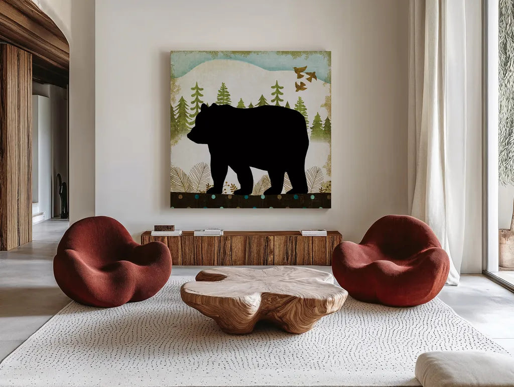 Woodland Dwellers Black Bear II Dots by Michael Mullan. Shown as extra-large giant wall art in a modern living room. Available as an archival giclee rolled canvas, fine art paper, or poster print. SKU 50490a.