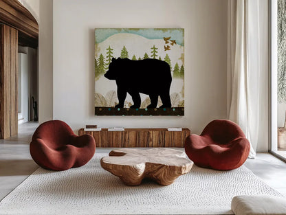 Woodland Dwellers Black Bear II Dots by Michael Mullan. Shown as extra-large giant wall art in a modern living room. Available as an archival giclee rolled canvas, fine art paper, or poster print. SKU 50490a.