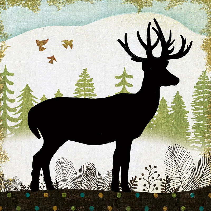 Woodland Dwellers Black Deer I Dots by Michael Mullan. SKU 50491a. Archival Giclee Fine art print for wall decor.