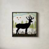Woodland Dwellers Black Deer I Dots by Michael Mullan. Shown in a sleek black glass frame for a contemporary gallery look. Available as an archival giclee rolled canvas, fine art paper, or poster print. SKU 50491a.