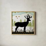 Woodland Dwellers Black Deer I Dots by Michael Mullan. Shown in a natural wood glass frame for a timeless modern aesthetic. Available as an archival giclee rolled canvas, fine art paper, or poster print. SKU 50491a.