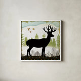 Woodland Dwellers Black Deer I Dots by Michael Mullan. Shown in a crisp white glass frame for a clean and minimalist style. Available as an archival giclee rolled canvas, fine art paper, or poster print. SKU 50491a.