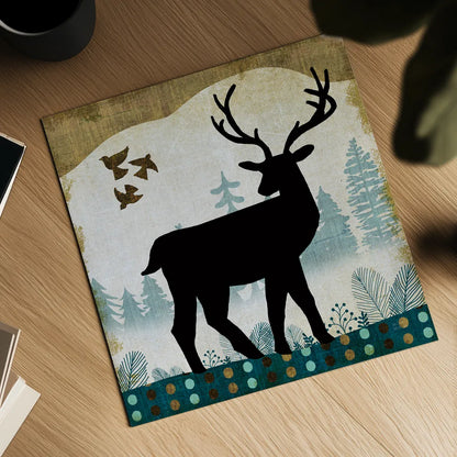 Woodland Dwellers Black Deer II by Michael Mullan. Shown as a detailed flat fine art print, highlighting archival giclee quality. Available as an archival giclee rolled canvas, fine art paper, or poster print. SKU 50492a.