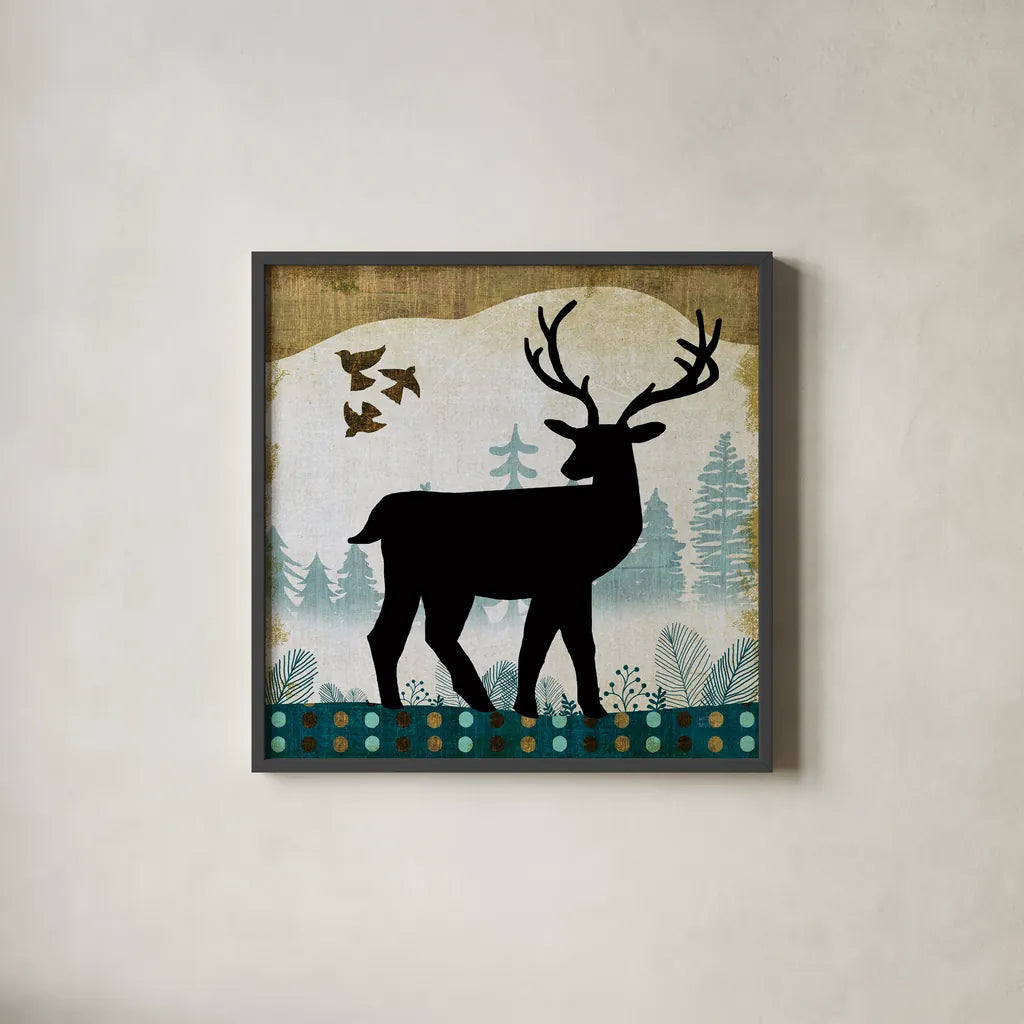 Woodland Dwellers Black Deer II by Michael Mullan. Shown in a sleek black glass frame for a contemporary gallery look. Available as an archival giclee rolled canvas, fine art paper, or poster print. SKU 50492a.