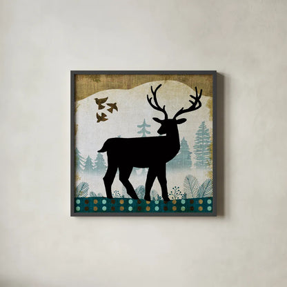 Woodland Dwellers Black Deer II by Michael Mullan. Shown in a sleek black glass frame for a contemporary gallery look. Available as an archival giclee rolled canvas, fine art paper, or poster print. SKU 50492a.
