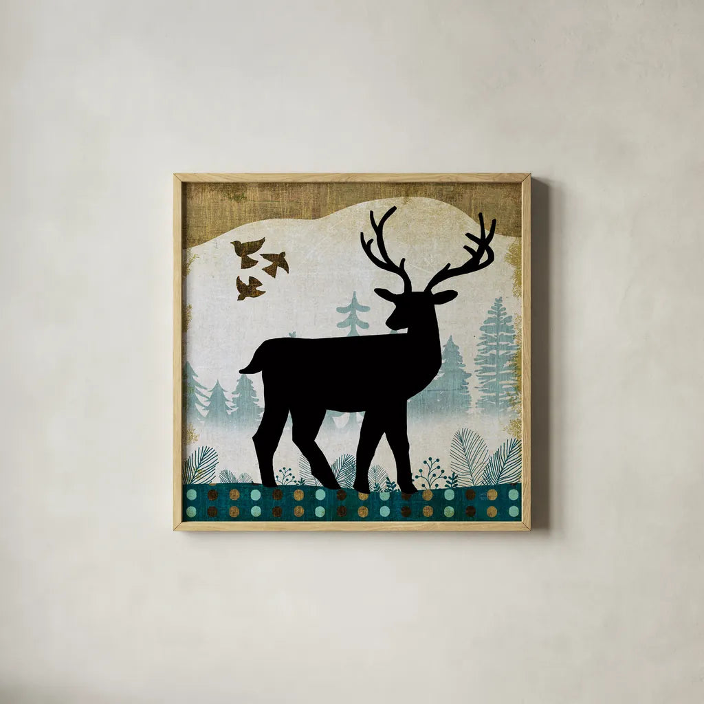 Woodland Dwellers Black Deer II by Michael Mullan. Shown in a natural wood glass frame for a timeless modern aesthetic. Available as an archival giclee rolled canvas, fine art paper, or poster print. SKU 50492a.