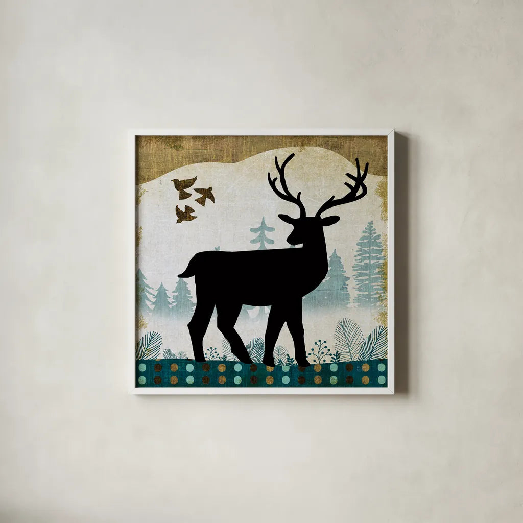 Woodland Dwellers Black Deer II by Michael Mullan. Shown in a crisp white glass frame for a clean and minimalist style. Available as an archival giclee rolled canvas, fine art paper, or poster print. SKU 50492a.