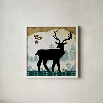 Woodland Dwellers Black Deer II by Michael Mullan. Shown in a crisp white glass frame for a clean and minimalist style. Available as an archival giclee rolled canvas, fine art paper, or poster print. SKU 50492a.