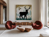 Woodland Dwellers Black Deer II by Michael Mullan. Shown as extra-large giant wall art in a modern living room. Available as an archival giclee rolled canvas, fine art paper, or poster print. SKU 50492a.