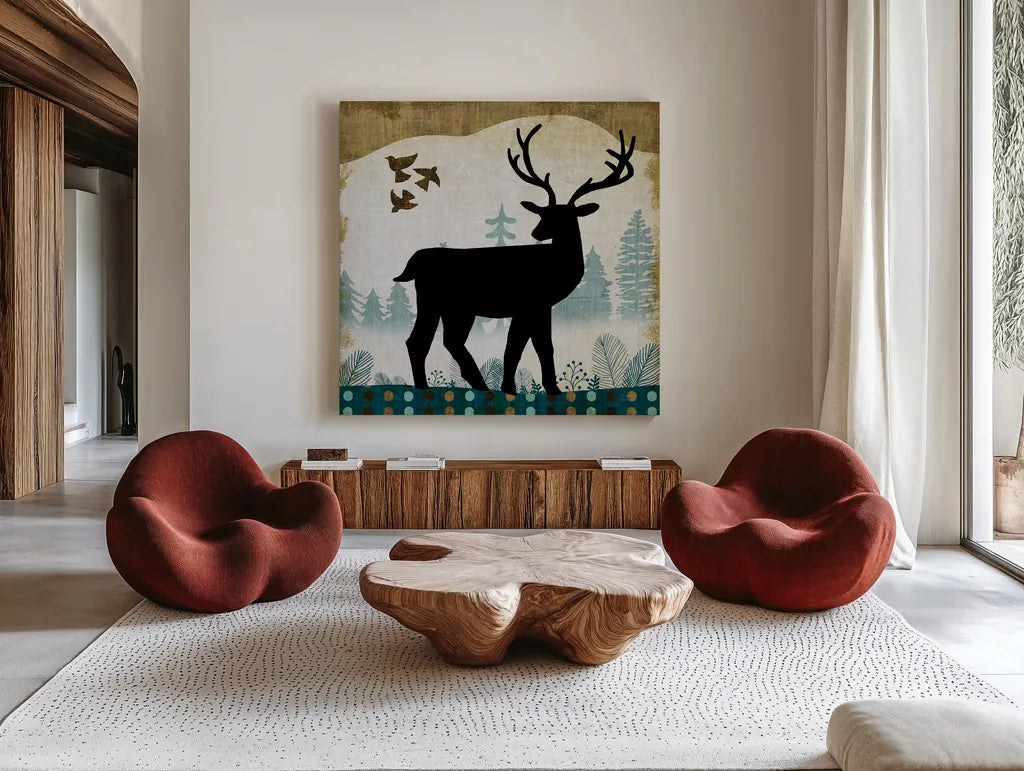 Woodland Dwellers Black Deer II by Michael Mullan. Shown as extra-large giant wall art in a modern living room. Available as an archival giclee rolled canvas, fine art paper, or poster print. SKU 50492a.