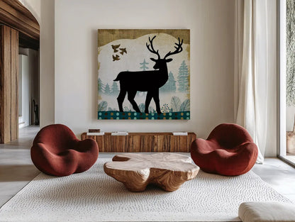 Woodland Dwellers Black Deer II by Michael Mullan. Shown as extra-large giant wall art in a modern living room. Available as an archival giclee rolled canvas, fine art paper, or poster print. SKU 50492a.