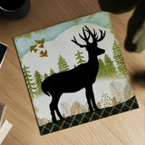 Woodland Dwellers Black Deer III by Michael Mullan. Shown as a detailed flat fine art print, highlighting archival giclee quality. Available as an archival giclee rolled canvas, fine art paper, or poster print. SKU 50493a.