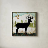 Woodland Dwellers Black Deer III by Michael Mullan. Shown in a sleek black glass frame for a contemporary gallery look. Available as an archival giclee rolled canvas, fine art paper, or poster print. SKU 50493a.