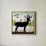 Woodland Dwellers Black Deer III by Michael Mullan. Shown in a natural wood glass frame for a timeless modern aesthetic. Available as an archival giclee rolled canvas, fine art paper, or poster print. SKU 50493a.