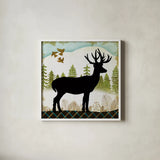 Woodland Dwellers Black Deer III by Michael Mullan. Shown in a crisp white glass frame for a clean and minimalist style. Available as an archival giclee rolled canvas, fine art paper, or poster print. SKU 50493a.