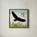 Woodland Dwellers Black Eagle by Michael Mullan. Shown in a sleek black glass frame for a contemporary gallery look. Available as an archival giclee rolled canvas, fine art paper, or poster print. SKU 50494a.