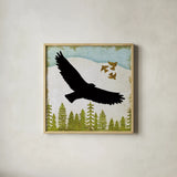 Woodland Dwellers Black Eagle by Michael Mullan. Shown in a natural wood glass frame for a timeless modern aesthetic. Available as an archival giclee rolled canvas, fine art paper, or poster print. SKU 50494a.