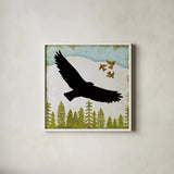 Woodland Dwellers Black Eagle by Michael Mullan. Shown in a crisp white glass frame for a clean and minimalist style. Available as an archival giclee rolled canvas, fine art paper, or poster print. SKU 50494a.