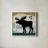 Woodland Dwellers Black Moose Plaid by Michael Mullan. Shown in a crisp white glass frame for a clean and minimalist style. Available as an archival giclee rolled canvas, fine art paper, or poster print. SKU 50495a.