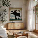 Woodland Dwellers Black Moose Plaid by Michael Mullan. Shown in a natural wood frame in a cozy modern living room. Available as an archival giclee rolled canvas, fine art paper, or poster print. SKU 50495a.