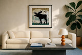 Woodland Dwellers Black Moose Plaid by Michael Mullan. Displayed in a glass frame with matte in a clean modern living room. Available as an archival giclee rolled canvas, fine art paper, or poster print. SKU 50495a.