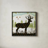 Woodland Dwellers Deer Dots I by Michael Mullan. Shown in a sleek black glass frame for a contemporary gallery look. Available as an archival giclee rolled canvas, fine art paper, or poster print. SKU 28368a.