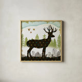 Woodland Dwellers Deer Dots I by Michael Mullan. Shown in a natural wood glass frame for a timeless modern aesthetic. Available as an archival giclee rolled canvas, fine art paper, or poster print. SKU 28368a.