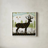 Woodland Dwellers Deer Dots I by Michael Mullan. Shown in a crisp white glass frame for a clean and minimalist style. Available as an archival giclee rolled canvas, fine art paper, or poster print. SKU 28368a.