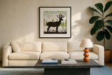 Woodland Dwellers Deer Dots I by Michael Mullan. Displayed in a glass frame with matte in a clean modern living room. Available as an archival giclee rolled canvas, fine art paper, or poster print. SKU 28368a.