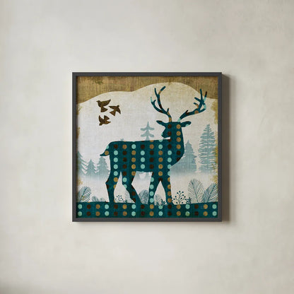 Woodland Dwellers Deer Dots II by Michael Mullan. Shown in a sleek black glass frame for a contemporary gallery look. Available as an archival giclee rolled canvas, fine art paper, or poster print. SKU 28367a.