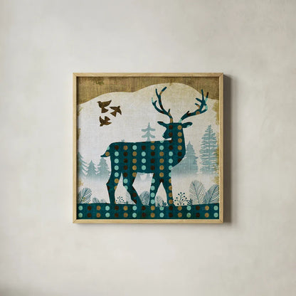 Woodland Dwellers Deer Dots II by Michael Mullan. Shown in a natural wood glass frame for a timeless modern aesthetic. Available as an archival giclee rolled canvas, fine art paper, or poster print. SKU 28367a.