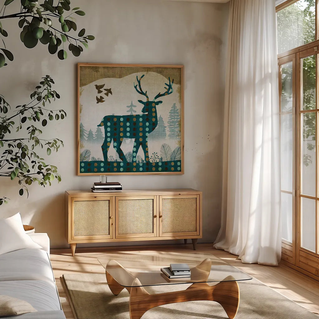 Woodland Dwellers Deer Dots II by Michael Mullan. Shown in a natural wood frame in a cozy modern living room. Available as an archival giclee rolled canvas, fine art paper, or poster print. SKU 28367a.
