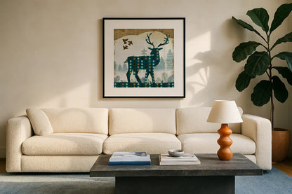 Woodland Dwellers Deer Dots II by Michael Mullan. Displayed in a glass frame with matte in a clean modern living room. Available as an archival giclee rolled canvas, fine art paper, or poster print. SKU 28367a.