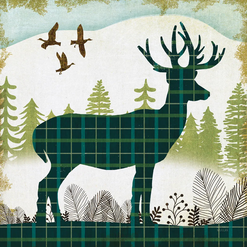 Woodland Dwellers Deer Plaid by Michael Mullan. SKU 50497a. Archival Giclee Fine art print for wall decor.