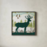 Woodland Dwellers Deer Plaid by Michael Mullan. Shown in a sleek black glass frame for a contemporary gallery look. Available as an archival giclee rolled canvas, fine art paper, or poster print. SKU 50497a.