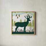 Woodland Dwellers Deer Plaid by Michael Mullan. Shown in a natural wood glass frame for a timeless modern aesthetic. Available as an archival giclee rolled canvas, fine art paper, or poster print. SKU 50497a.
