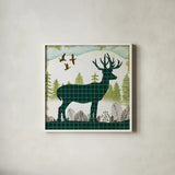 Woodland Dwellers Deer Plaid by Michael Mullan. Shown in a crisp white glass frame for a clean and minimalist style. Available as an archival giclee rolled canvas, fine art paper, or poster print. SKU 50497a.