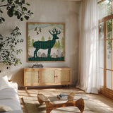 Woodland Dwellers Deer Plaid by Michael Mullan. Shown in a natural wood frame in a cozy modern living room. Available as an archival giclee rolled canvas, fine art paper, or poster print. SKU 50497a.