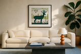 Woodland Dwellers Deer Plaid by Michael Mullan. Displayed in a glass frame with matte in a clean modern living room. Available as an archival giclee rolled canvas, fine art paper, or poster print. SKU 50497a.