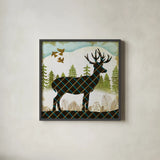 Woodland Dwellers Deer Stripes by Michael Mullan. Shown in a sleek black glass frame for a contemporary gallery look. Available as an archival giclee rolled canvas, fine art paper, or poster print. SKU 41747a.