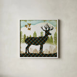 Woodland Dwellers Deer Stripes by Michael Mullan. Shown in a crisp white glass frame for a clean and minimalist style. Available as an archival giclee rolled canvas, fine art paper, or poster print. SKU 41747a.