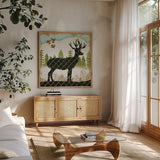 Woodland Dwellers Deer Stripes by Michael Mullan. Shown in a natural wood frame in a cozy modern living room. Available as an archival giclee rolled canvas, fine art paper, or poster print. SKU 41747a.