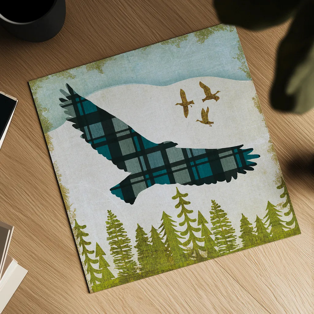 Woodland Dwellers Eagle Plaid by Michael Mullan. Shown as a detailed flat fine art print, highlighting archival giclee quality. Available as an archival giclee rolled canvas, fine art paper, or poster print. SKU 50498a.