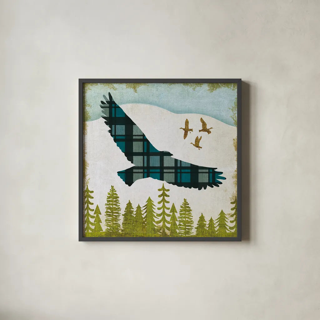 Woodland Dwellers Eagle Plaid by Michael Mullan. Shown in a sleek black glass frame for a contemporary gallery look. Available as an archival giclee rolled canvas, fine art paper, or poster print. SKU 50498a.