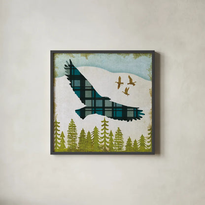 Woodland Dwellers Eagle Plaid by Michael Mullan. Shown in a sleek black glass frame for a contemporary gallery look. Available as an archival giclee rolled canvas, fine art paper, or poster print. SKU 50498a.