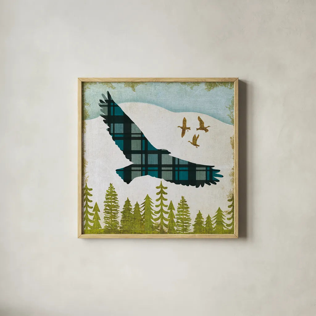 Woodland Dwellers Eagle Plaid by Michael Mullan. Shown in a natural wood glass frame for a timeless modern aesthetic. Available as an archival giclee rolled canvas, fine art paper, or poster print. SKU 50498a.