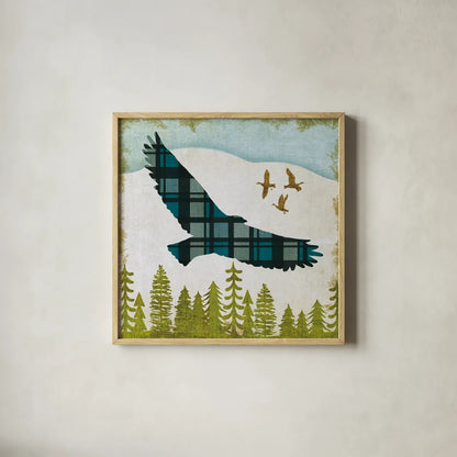 Woodland Dwellers Eagle Plaid by Michael Mullan. Shown in a natural wood glass frame for a timeless modern aesthetic. Available as an archival giclee rolled canvas, fine art paper, or poster print. SKU 50498a.