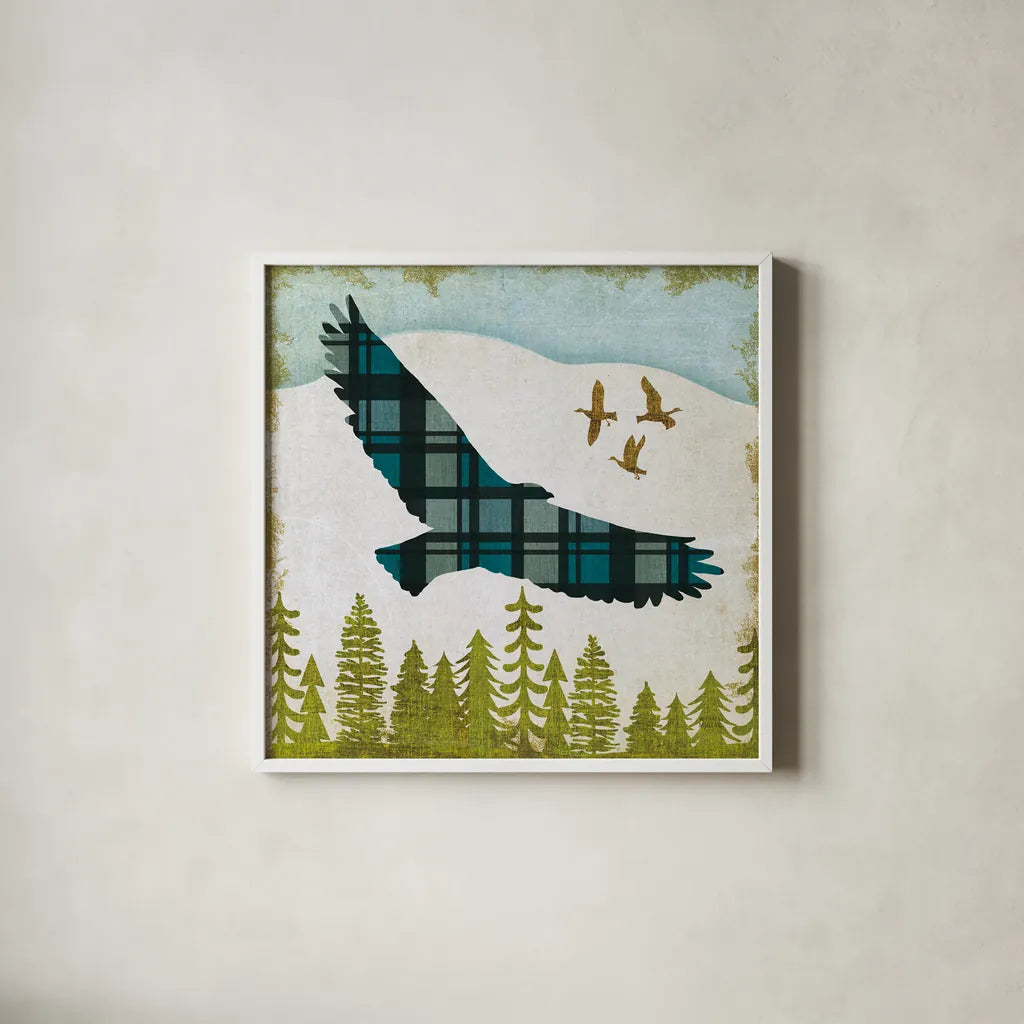 Woodland Dwellers Eagle Plaid by Michael Mullan. Shown in a crisp white glass frame for a clean and minimalist style. Available as an archival giclee rolled canvas, fine art paper, or poster print. SKU 50498a.