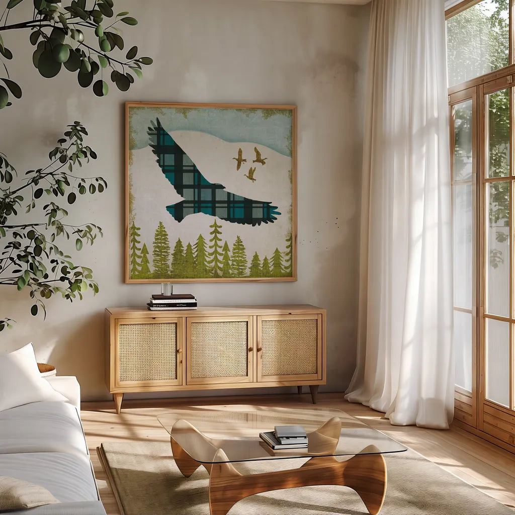 Woodland Dwellers Eagle Plaid by Michael Mullan. Shown in a natural wood frame in a cozy modern living room. Available as an archival giclee rolled canvas, fine art paper, or poster print. SKU 50498a.