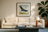 Woodland Dwellers Eagle Plaid by Michael Mullan. Displayed in a glass frame with matte in a clean modern living room. Available as an archival giclee rolled canvas, fine art paper, or poster print. SKU 50498a.
